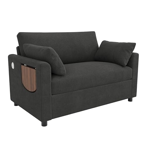 Sofá cama extensible gris de dos plazas con mesa plegable para salones pequeños 8