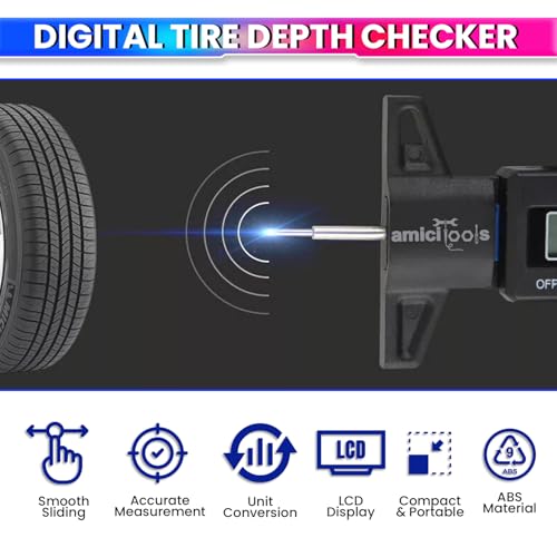 Image of amiciTools Digital Tire Thread Depth Gauge with LCD Display, 0-25mm Accurate Measurement for Cars, Trucks, Motorcycles Wheel