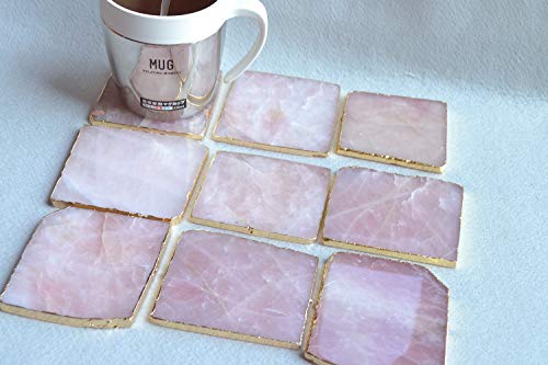 3.5'' Rose Quartz Coaster Natural Pink Crystal Gold Edge Nearly Square Bar Coasters Drink Coaster Barware Teacup Mat Stone Slab Slices - Set Of 4 #TOP4
