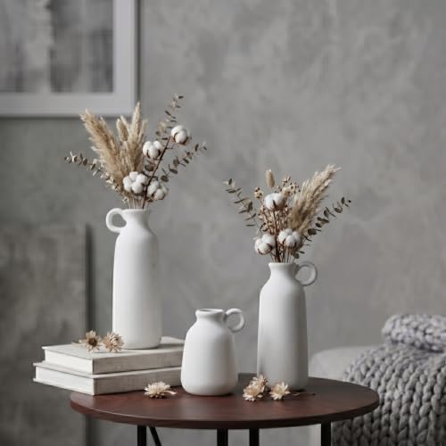 Image of PUREZENTO White Ceramic Roman Bottle Vase - Set of 3 | Matte Ceramic Flower Vases for Pampas Grass & Dried Flowers | Modern Decorative Vases for Home, Living Room, Bedroom, Office & Table Decor