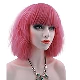 eNilecor Short Fluffy Bob Kinky Straight Hair Wigs with Bangs Synthetic Heat Resistant Women Fashion Hairstyles Custom Cosplay Party Wigs + Wig Cap (Pink)