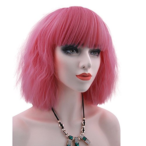 eNilecor Short Fluffy Bob Kinky Straight Hair Wigs with Bangs Synthetic Heat Resistant Women Fashion Hairstyles Custom Cosplay Party Wigs + Wig Cap (Pink)
