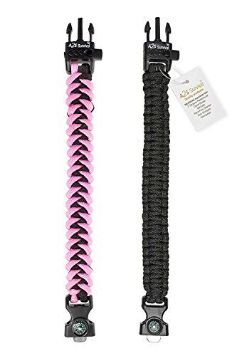 Paracord Bracelet K2-Peak – Survival Bracelets with Embedded Compass Whistle EDC Hiking Gear- Camping Gear Survival Gear Emergency Kit (Black / Pink 8.5")