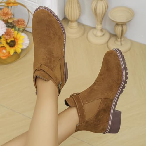 Women's Solid Stretch Low-Heeled Ankle Boots With Round Toe, Buckled Straps And Platform Sole, 1.5-Inch Heel4