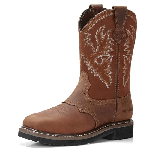 Best Cowboy Boots for Farm Works: Durability & Comfort 13 HISEA NINGO Soft Toe Cowboy Work Boots for Men, Waterproof Slip on Square Toe Western Boots, Comfortable Pull on Safety Work Shoes for Construction Industrial Working Welding Riding, Brown