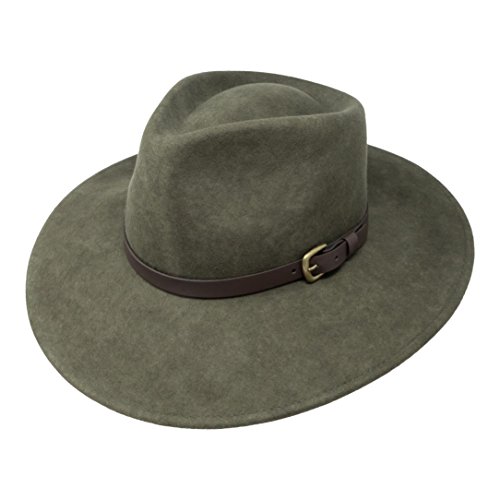 B&S Premium Lewis - Wide Brim Fedora Hat - 100% Wool Felt - Water Resistant - Leather Band - Olive Green 56