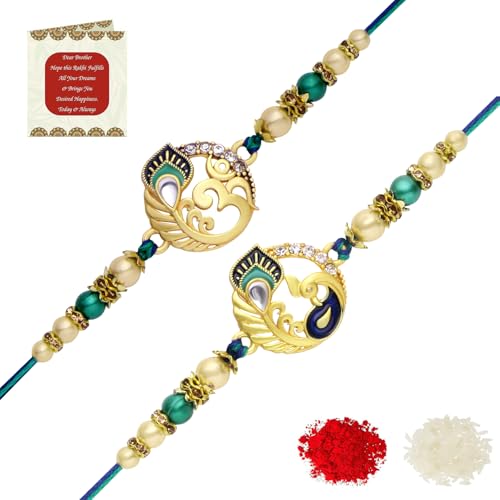 Image of Riddhika Ventures Glorious Gold Plated Auspicious Diamond Ring Rakhi (Set of 2) with Roli Chawal and Greeting Card