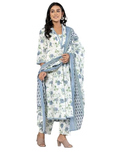 Image of Amayra Women's Cotton Printed Anarkali Kurta with Palazzo Pants and Dupatta