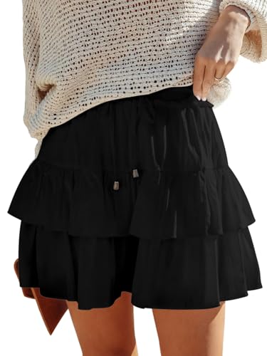 Aoudery Flowy Shorts for Women Boho Ruffled Tiered Skorts Casual High Waist Mini Skirts Tennis Golf Comfy Shorts 2025 - All Black 2XL