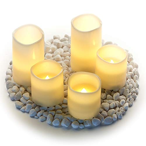Hayley Cherie - Real Wax Flameless Candles with Timer (Set of 5) - LED Candles 5â€ and 3â€ Tall - Flickering Amber Flame - Battery Operated Pillar Candles â€“ Large Unscented (Ivory)