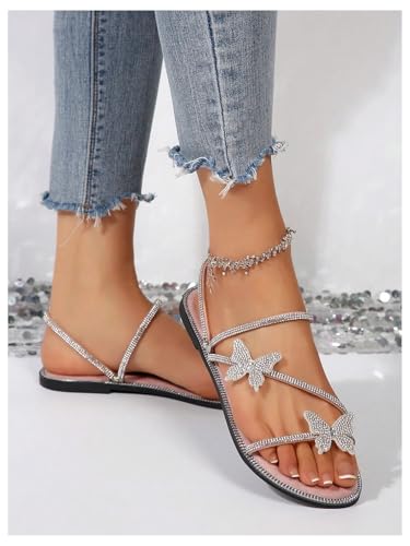 Image of OYOANGLE Women's Silver Rhinestone Sandals Sparkly Dressy Flat Sandals