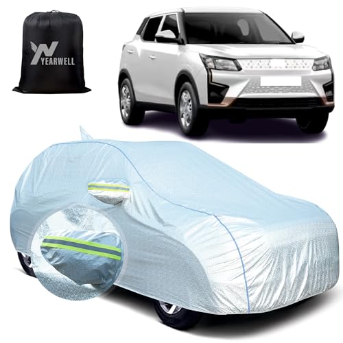 Image of Car Body Cover for Mahindra XUV 400, 100% Waterproof, Heat-Resistant with Mirror & Antenna Pockets, Soft Cotton Lining, Triple Stitched, Green Reflector (Reflective Silver)