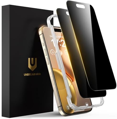 UNBREAKcable Privacy Screen Protector for iPhone 15 Pro, Full Coverage Anti-Spy Shatterproof Tempered Glass [True 28°Anti Spy] [Easy Installation Frame] Black Protector for Apple iPhone 6.1" - 2 Pack
