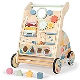 LOL-FUN Wooden Baby Walker with Detachable Busy Board, Push Walker for Baby with Adjustable Speed Wheels, Activity Learning Walker for Boys Girls 12 Months