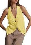 Women Sleeveless Button Down Tank Top Sweater Knit Vest Top Summer Cardigan Trendy Yellow M