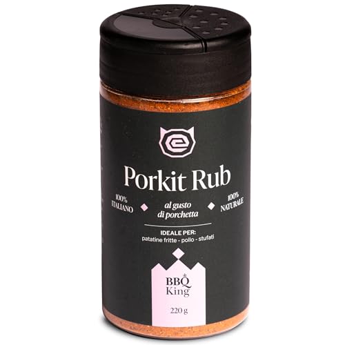 BBQ KING - PorkIt Rub Envase de 220 g, Dry Rub BBQ inspirado en la porchetta romana, especias para patatas fritas, huevos, verduras y carnes, 100% Made in Italy, con hinojo y ajo asado