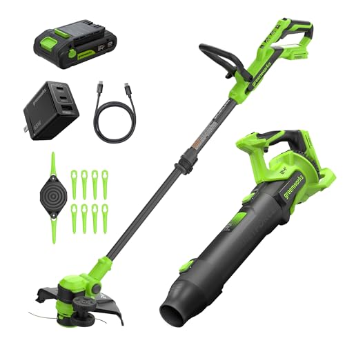 Greenworks 24V 12 Brushless String Trimmer & 515 CFM Brushless Leaf Blower Combo 2-in-1 Trimmer/Edger 3.0Ah Battery 65W USB-C Charger 130 MPH Airspeed 3-Year Warranty