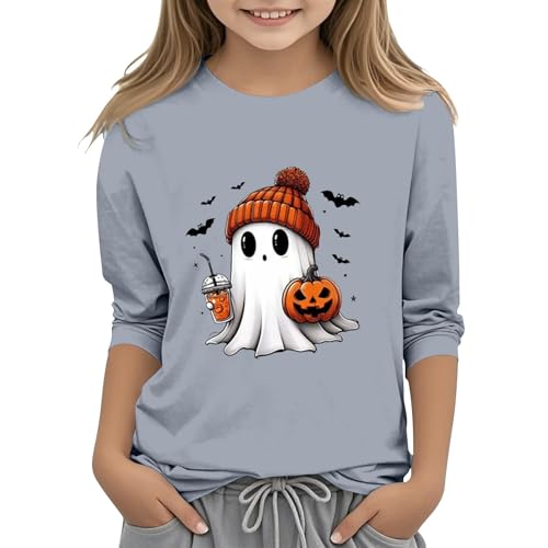 Kids Girls Halloween Shirts Youth Pumpkin Graphic Thanksgiving Party Tees Tops Teen Ghost Coffee Crewneck Cute Trendy Clothes