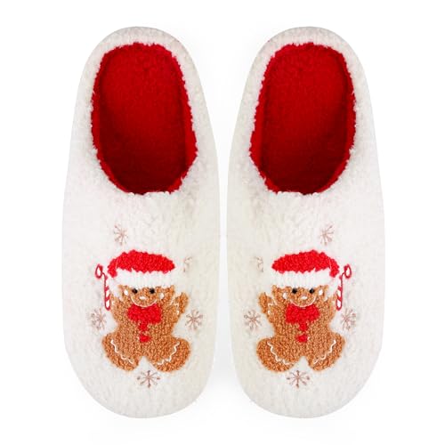Christmas Slippers for Women Men, Soft Slip-On House Winter Plush Fluffy Cute Slippers for Holiday Xmas Bedroom Indoor Outdoor Use(Bowknot,Gingerbread)