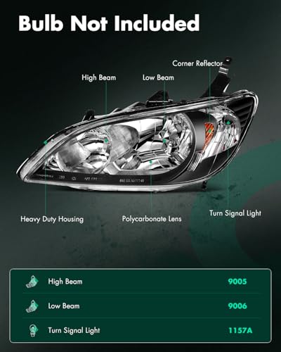 Image of SCITOO Headlight Assembly Fits 2004 2005 For Honda Civic Replacement Headlamp in Black Housing Amber Reflector Clear Lens Driver and Passenger Side | Fit 2004-2005 for Honda Civic Headlights | Driver & Passenger Side | Black Housing Amber Reflector| OE#33151S5AA51