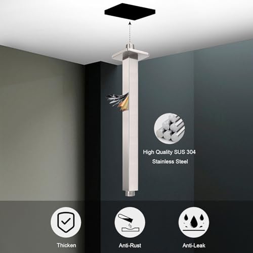 Image of Ceiling Mounted Shower Arm, Rain Shower Square Extension Arm with Flange and Teflon Tape Stainless Steel Ceiling Mount Shower Extender (12 Inch, Brushed Nickel)