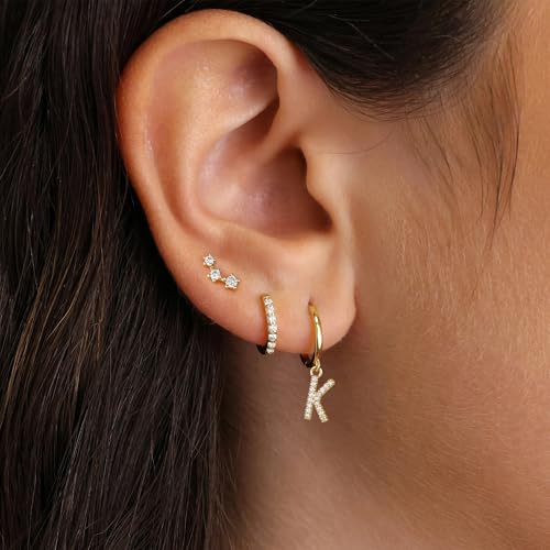 Gold Earrings for Women Girls - 3 Pairs Gold Huggie Hoop Earrings for Girls with Initial Dangle Cartilage Earrings Studs Hypoallergenic Earring Set for Multiple Piercing Gifts for Women Girl4