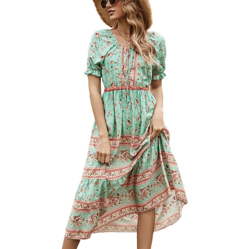 Robe d'été décontractée pour femme - Style bohème floral - Manches courtes - Taille haute - Avec ceinture, vert, Taille M Cover