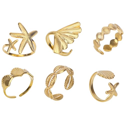 Mikovivi Lot de 6 Bagues Coquillages et Étoiles Mer Dorées pour Femme, Bijoux de Plage en Acier Inoxydable avec Motif Coquillage Accessoires Ajustables...