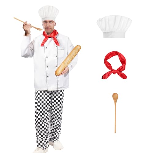 Boyigog Costume de chef pour homme - Veste de cuisine pour homme - Veste de cuisine avec pantalon à carreaux, chapeau, écharpe, cuillère - Costume de carnaval pour homme, pour Halloween, carnaval