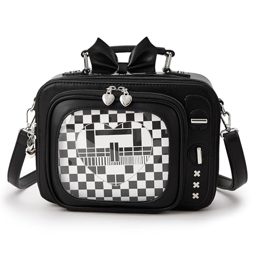 Image of Women TV Shape Gothic Ita Bag Shoulder Bag Halloween Backpack Fun female Clear Window Anime Pins Display Purse (ALL BLACK)
