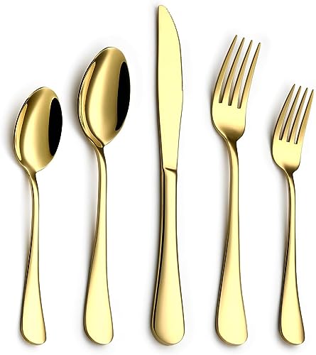 Reviews de Juegos de cubertería los más solicitados. 48 IMLUCKY - Juego de Cubiertos de Acero Inoxidable: Juegos de Cubiertos de Oro de 20 Piezas - Vajilla de Utensilios para Comer con Cuchillo para Carne/Cuchara/Tenedor que Sirve 4