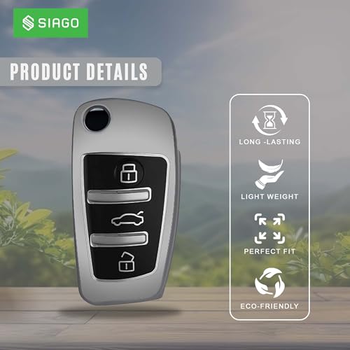 Image of SIAGO TPU Key Cover and Round Key Chain Compatible with Audi A1 A3 A6 Q2 Q3 Q7 TT TTS R8 S3 S6 RS3 3 Button Flip Key (Grey)