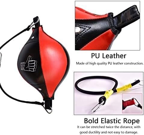 Speed Bag for Boxing, Home Double End Speed Bag Leather, AdjustableBoxing Bag for Adults Men Women Kids, Red Black Hanging Reflex Bag