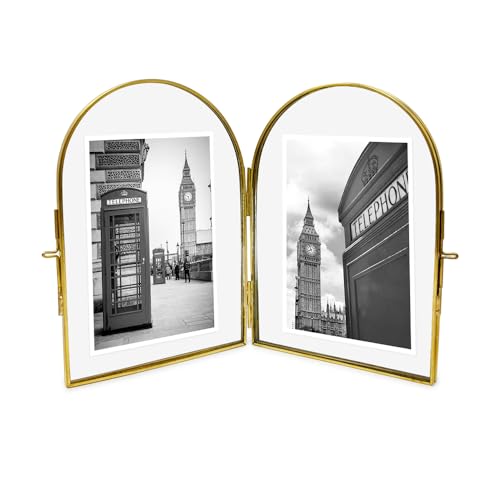 Image of Isaac Jacobs 4x6 Vintage Style, Double-Sided Arched Brass & Glass Metal Floating Picture Frame with Locket Closure (Vertical), Made for Tabletop Display (4x6 Vertical, Antique Gold)