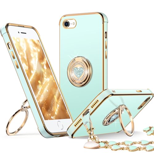 Coque iPhone 8 béquille double anneau cœur antichoc vert