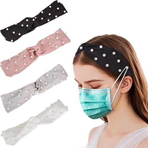 Headbands for Women Pearl Vintage Hair Band Elastic Fashion Girls Hair Accessories for Wedding Party, 4 Pack