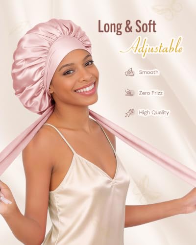 Image of BONNET QUEEN Silk Bonnet for Sleeping for Women Satin Bonnet Night Cap for Curly Hair with Tie Band, Single Layer, Cream Pink