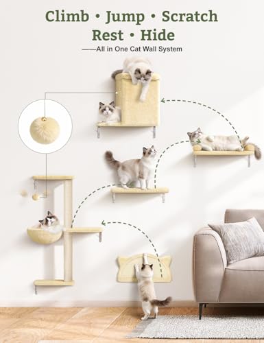 Estantes de pared para gatos 5 en 1 en madera y terciopelo beige miniatura 2