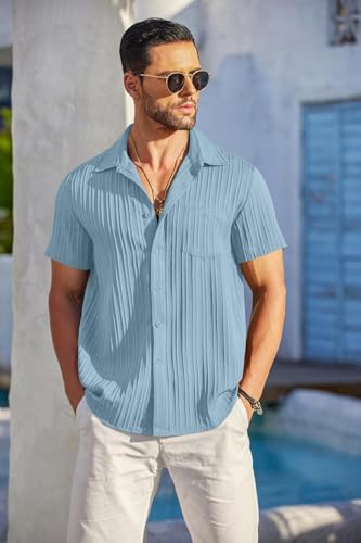 Image of Zombom Men's Casual Button Down Shirts Short Sleeve Poly Cotton Shirt Fashion Textured Beach Summer Shirts| Men Stylish Shirt | Men Fancy