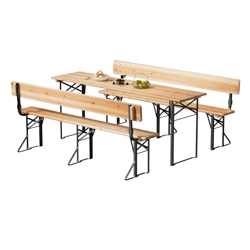 VINGLI 70 Inch Folding Picnic Tables and Chair Set with Backrest Bench, Weather-Resistant Wooden Beer Garden Table Bench, 3-Piece Portable Fold Up Camping BBQ Table,Natural Wood Color