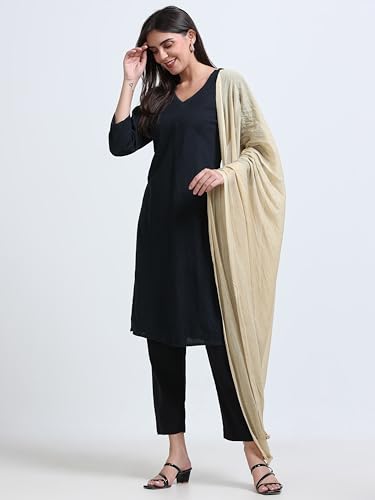 Image of Miraan Solid Pure Cotton Dupatta with Pom Pom Border, 2.25 meters length (DUPCOTTON)