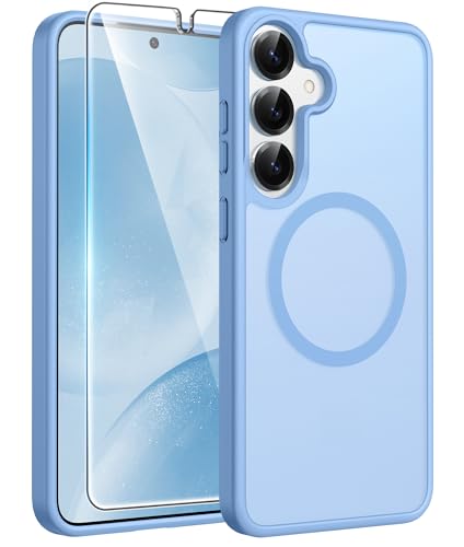 Image of FNTCASE for Samsung Galaxy S25 /S24 Case: Galaxy S24 /S25 Phone Case [Fit with Magsafe] Translucent Matte Case [Screen Protector] Military Grade Shockproof Protective Phone Cover-Light Blue