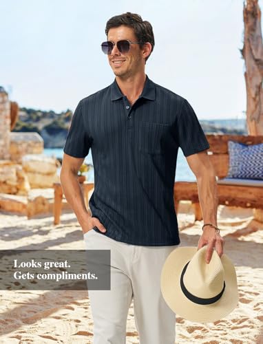 Image of TBMPOY Mens Casual Knit Polo with Pocket Textured Shirts Short Sleeve Classic Summer Vacation