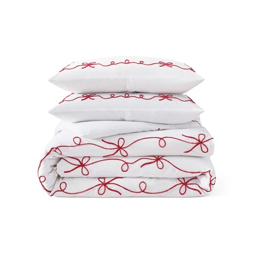 Peri Home Bow Bedding Duvet Cover Cottage Core Vintage Country 100% Cotton 3-Piece Set, King, Chili Red Sasha Bows