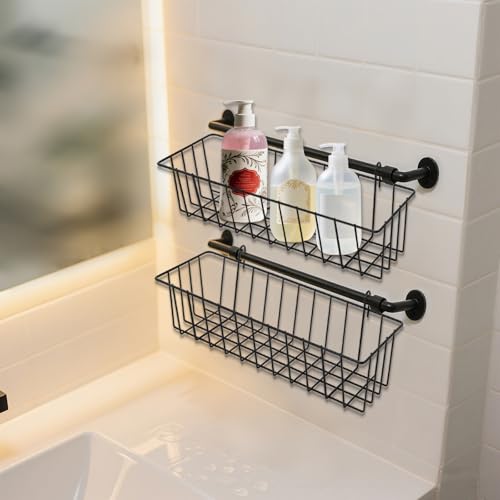 Miniatura 7 de Chuenkuk 6 Cestas De Rejilla Para Colgar, 31,5 X 10 X 7,5 Cm, Color Negro, Con Ganchos Para Rejilla De Pared, Cestas De Metal, Cestas De Rejilla Para Estanterías Para Pared