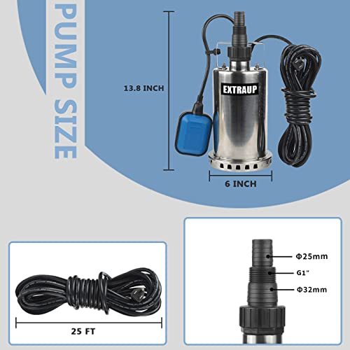 EXTRAUP 1HP 3000 GPH Stainless Steel Submersible Clean Water Transfer Pump Pool Pond Flood Sump Pump - Image 5