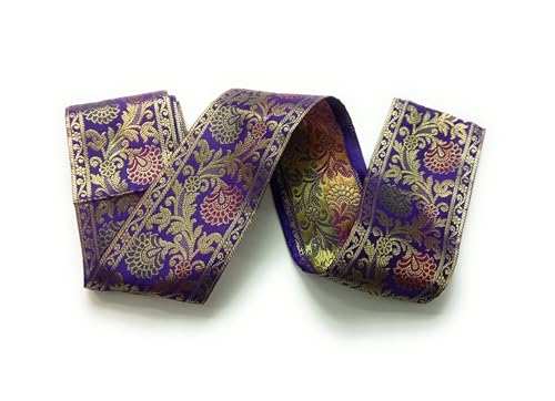 Image of Brocade Ethnic Work 9 Meter Laces and Borders Material for Dresses, Sarees, Lehenga, Suits, Blouses, Dupatta, chunri and Crafts (Voilet)