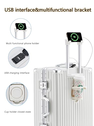 Hand Luggage Zipperless Luggage Aluminum Luggage Packed Luggage with USB Suitcase with Cup Holder with TSA with Aluminum Frame,C,24in3