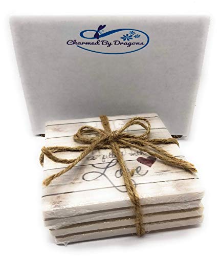 Farmhouse Ceramic Coasters Set of 4 Made in USA in Gift Box (White Wash Wood)