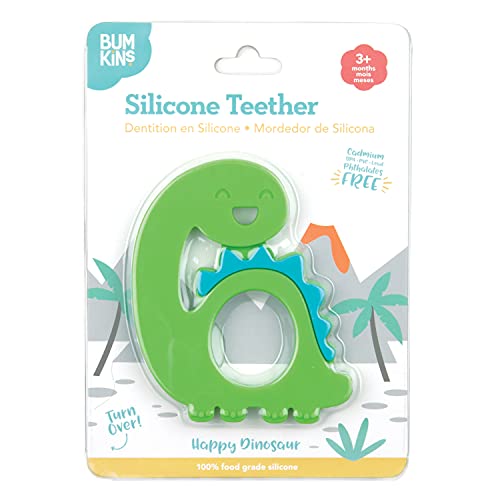 Image of Bumkins Baby Teething Freezer Toy Keys Rings, Soft Flexible Silicone Pacifier, Safe to Chew, Cool Teether Gum Relief, Essentials for Babies 3 Months, Freezable, Sensory Textured, Dinosaur Green